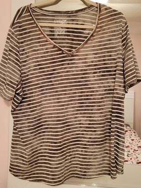 Terra & Sky Women's Green and White Striped V-Neck Tee